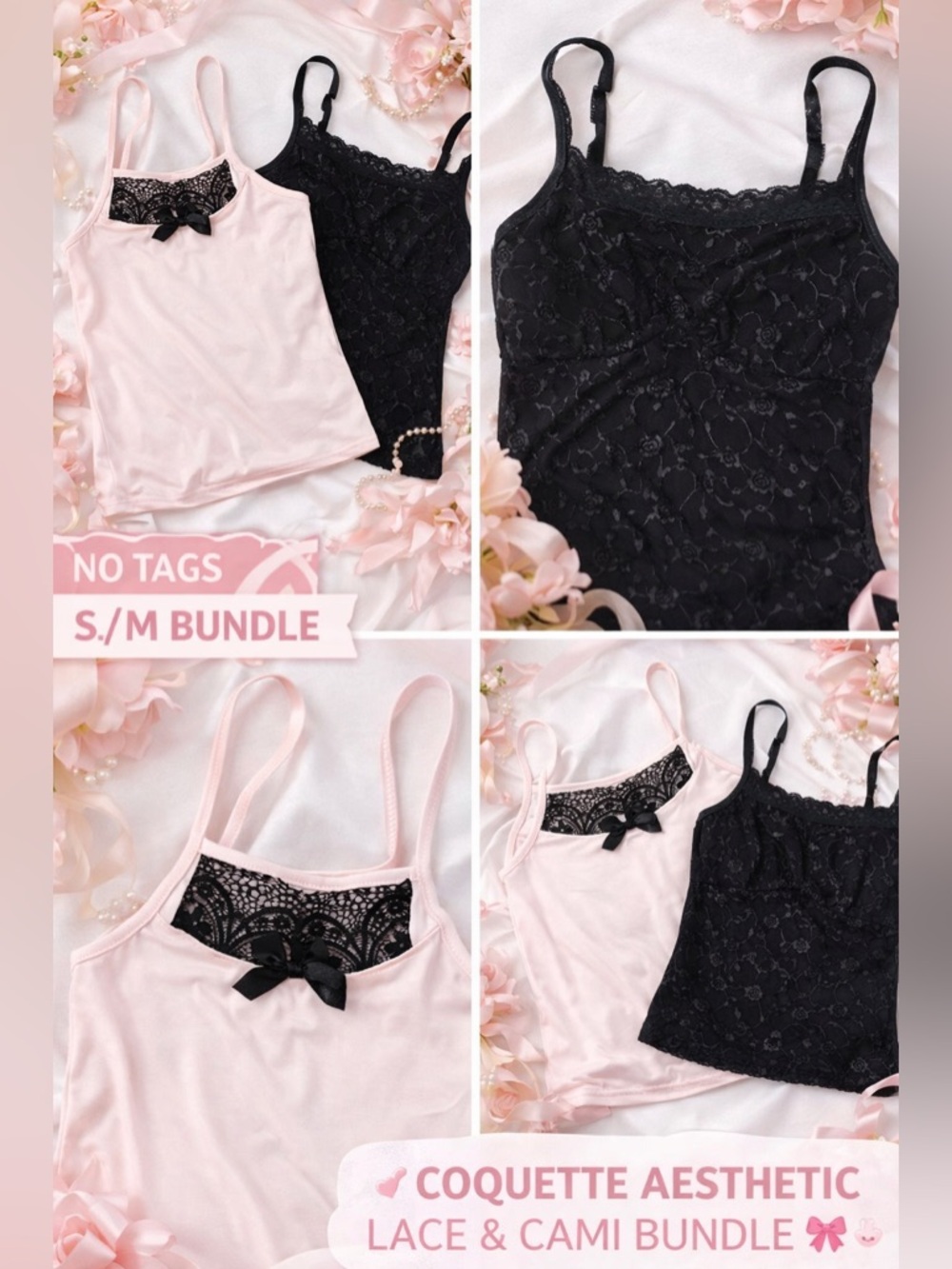Lace Tank Top Bundle S/M Black Lace & Pink Cami Adjustable Straps